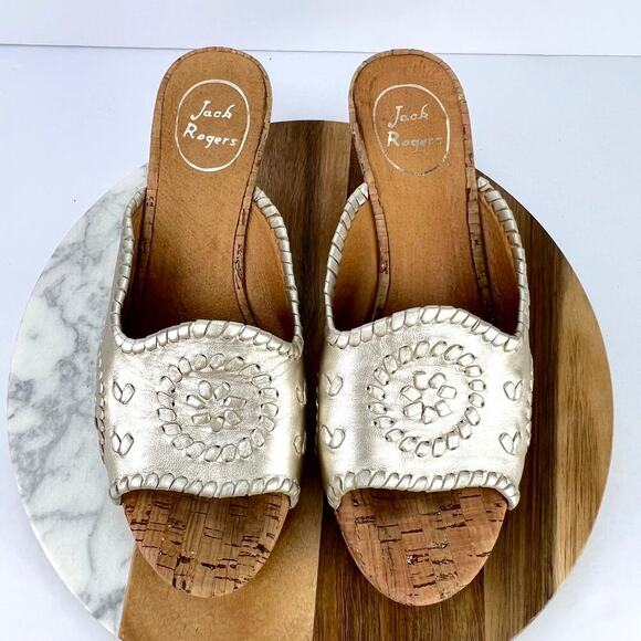 Jack Rogers Leather Gold Slip on Whipstitch Mid Stacked Cork Wedge Sandals 8 - Picture 2 of 10